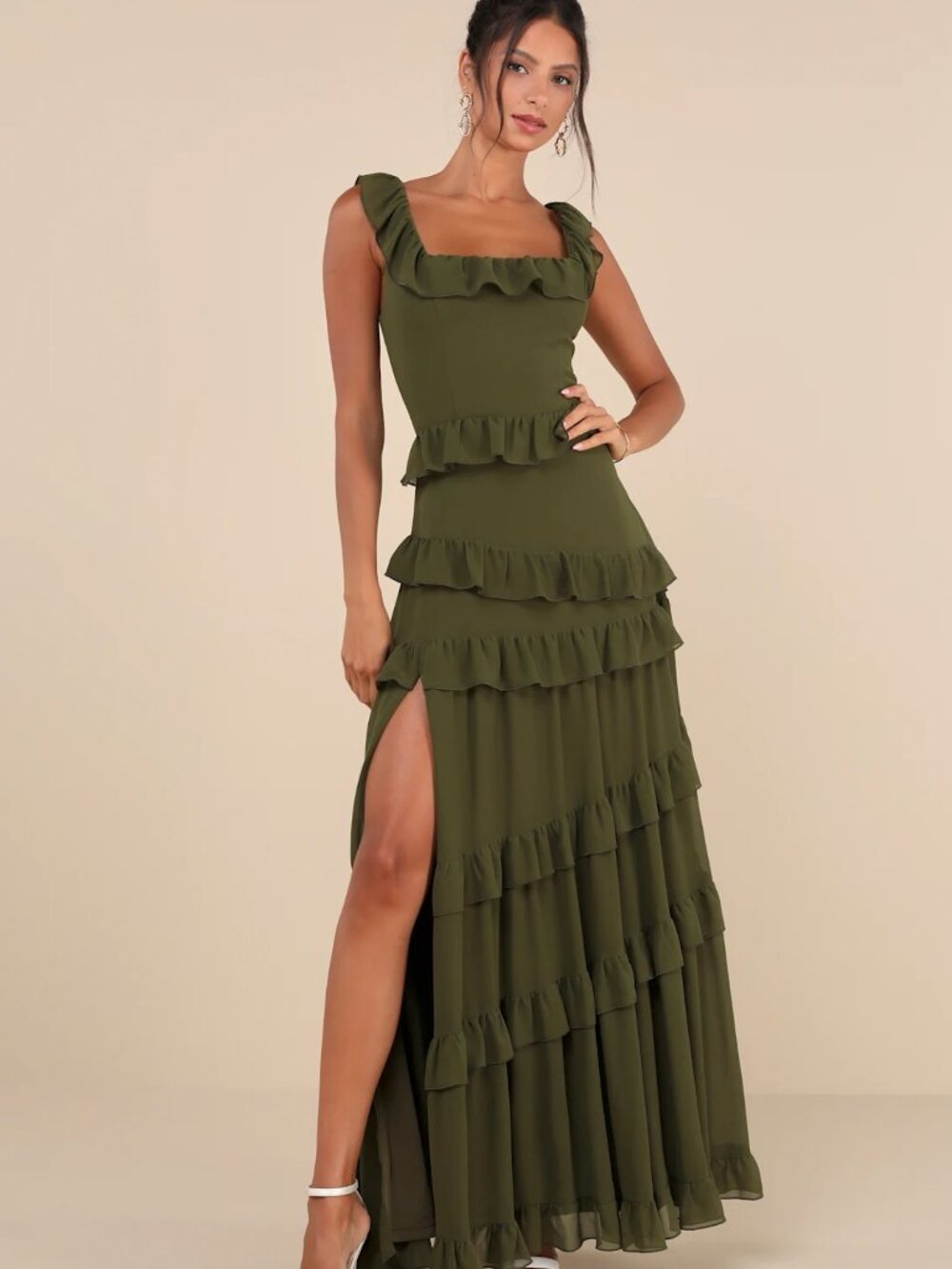 Lulu's Olive Green Ruffled Maxi Dress
